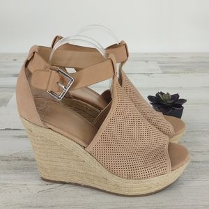 Marc Fisher NEW Tan/Pink Wedge Sandals Espadrilles Peep Toe Leather Adjustable
